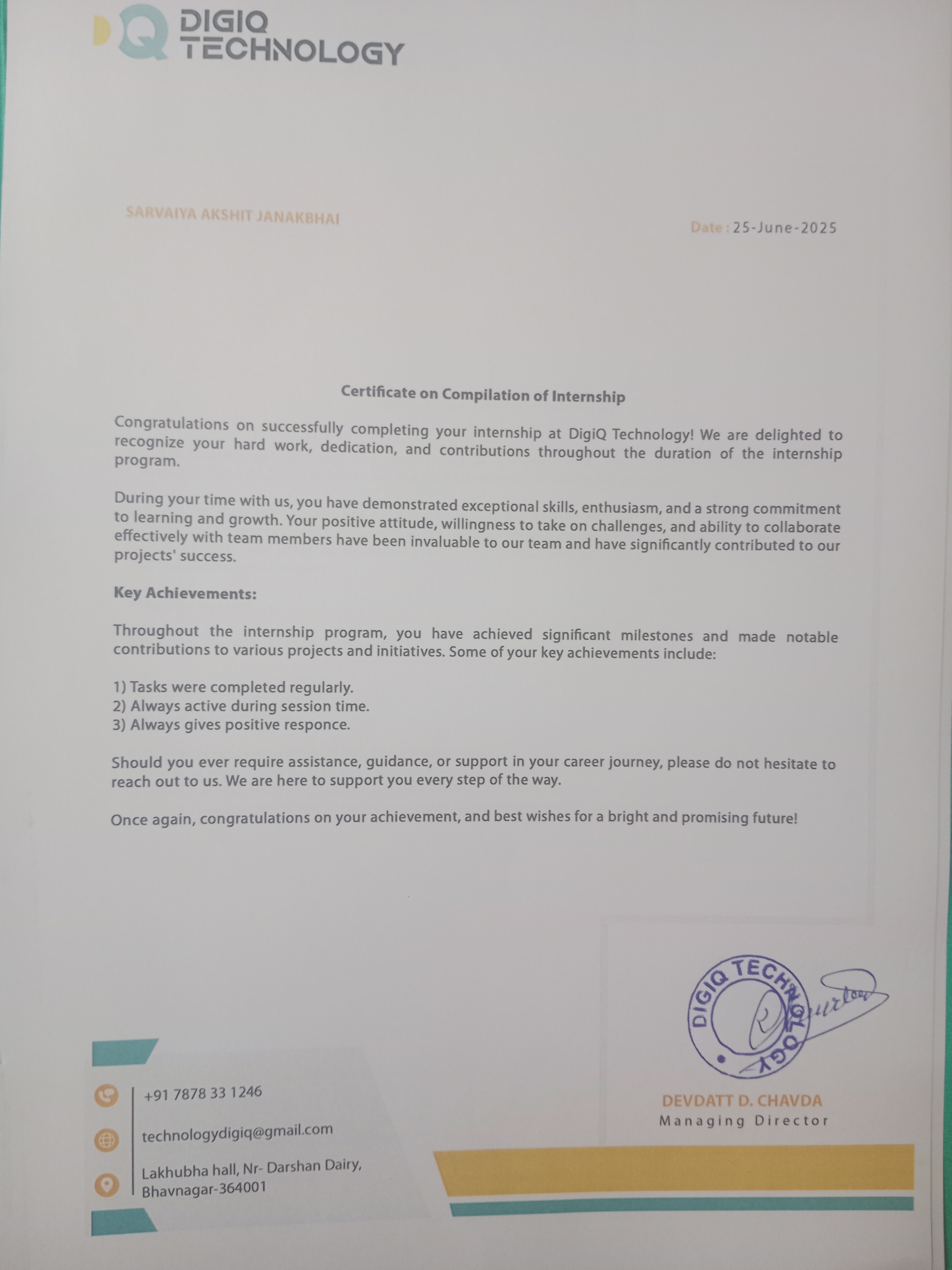 DigiQ Technology Completion Certificate
