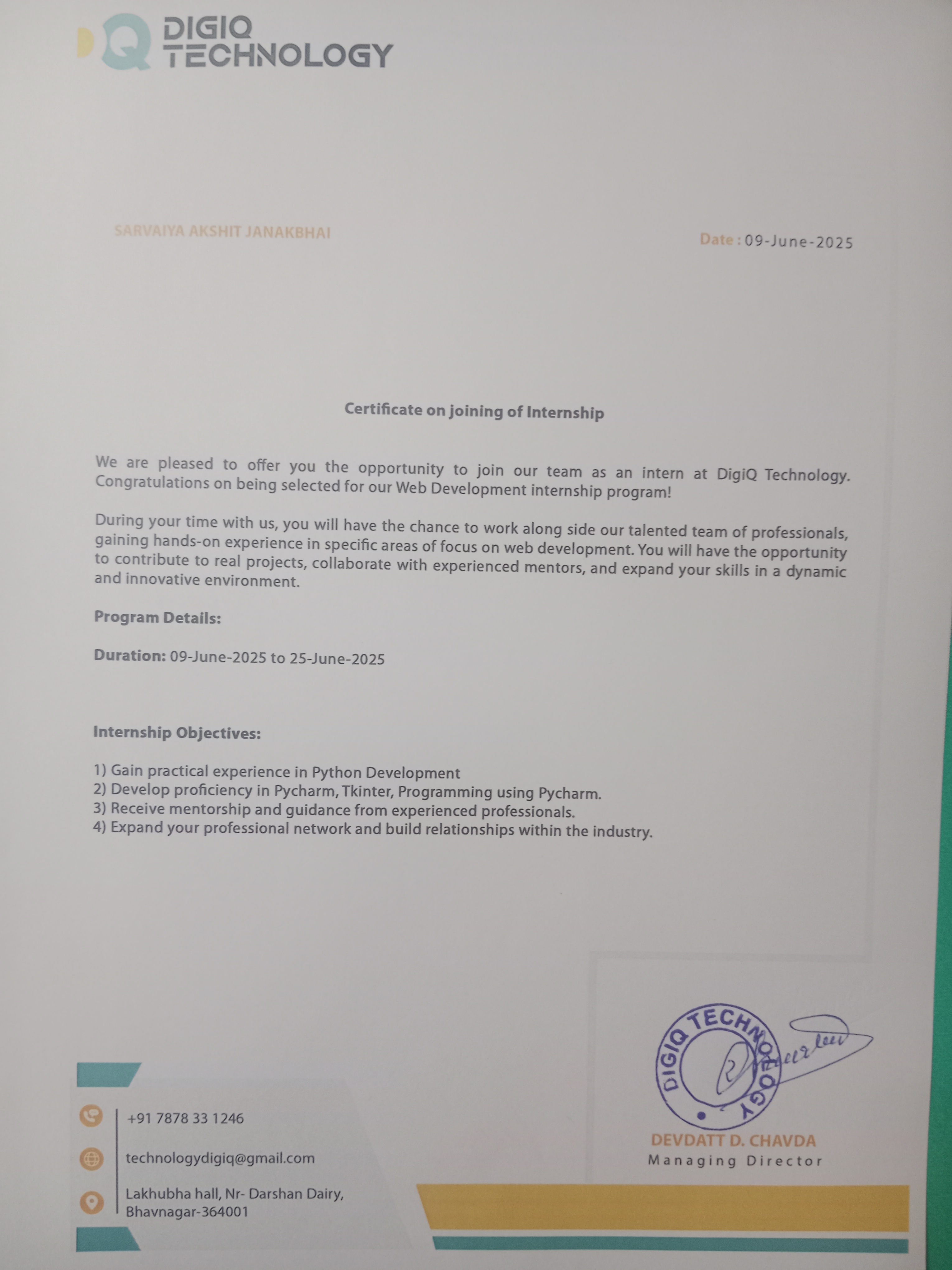 DigiQ Technology Joining Certificate