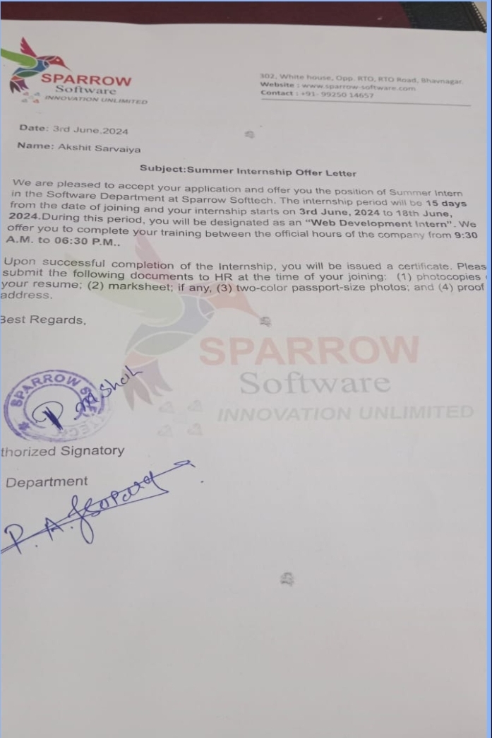 Sparrow Software Internship Offer